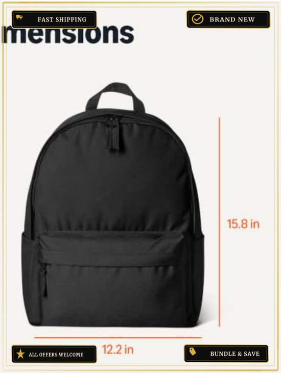 Classic Durable Backpack with Padded Straps, Water Bottle Pockets, Polyester